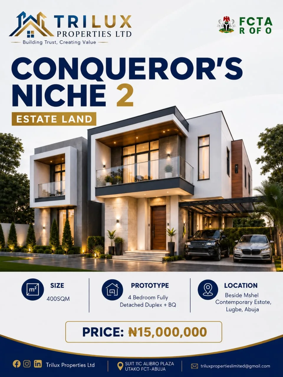 Conqueror’s Niche 2 property flyer with advertised plot sizes, prices and estate information