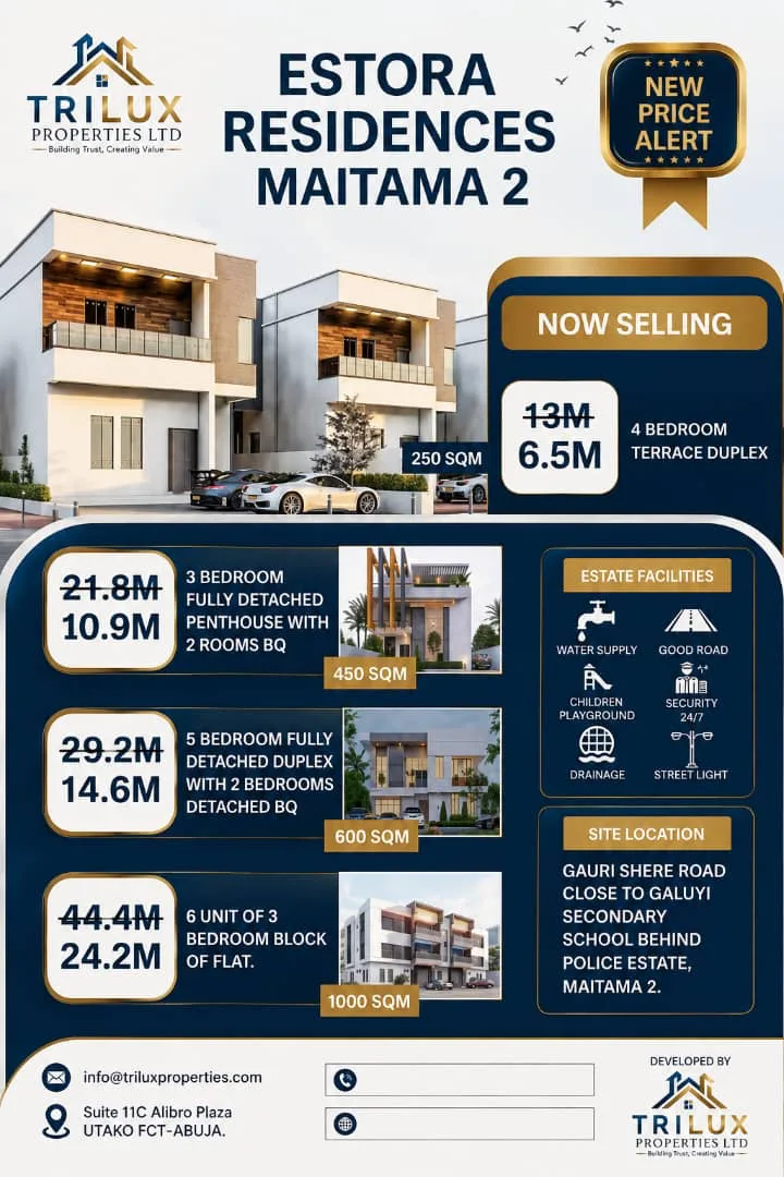 Estora Residences Maitama 2 property flyer with advertised plot sizes, prices and estate information