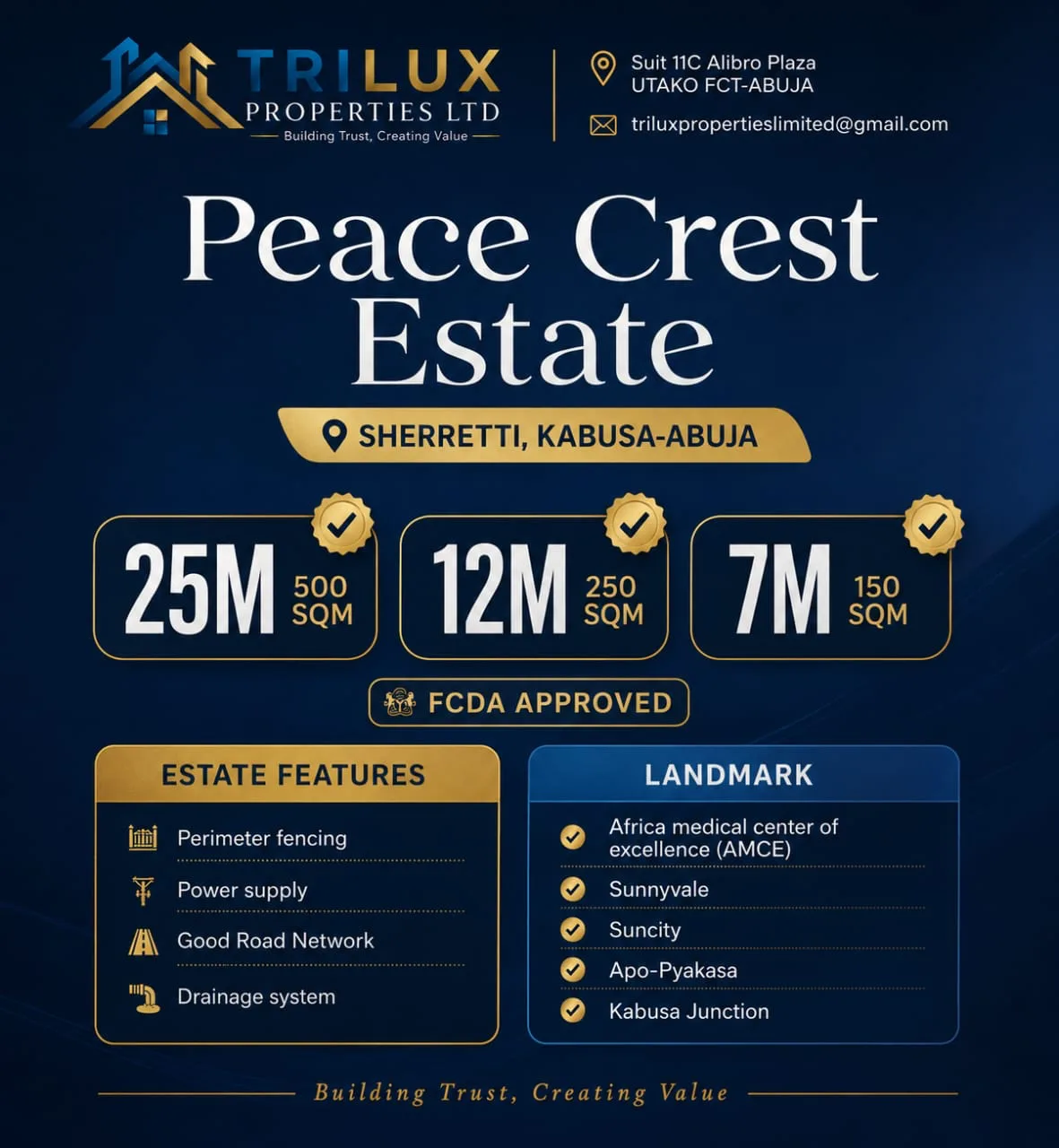 Peace Crest Estate property flyer with advertised plot sizes, prices and estate information