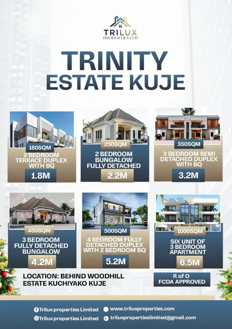 Trinity Estate Kuje property flyer with advertised plot sizes, prices and estate information